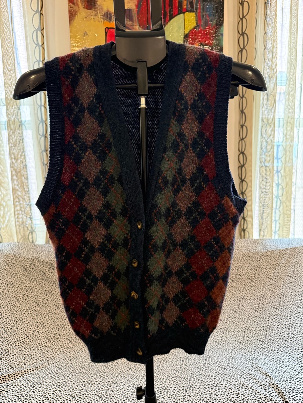 Lands' End Navy Argyle Button-Front Sweater Vest with Burgundy and Green